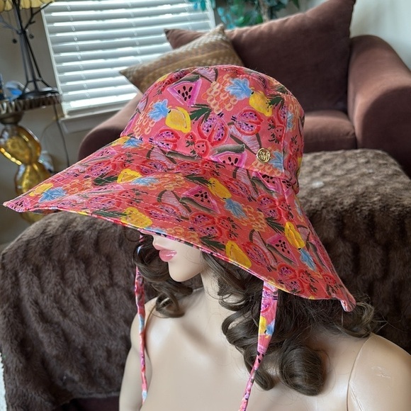 Brand New Steve Madden Large Beach Hat Coral Tropical Fruit Floppy Straps Sun main image 14